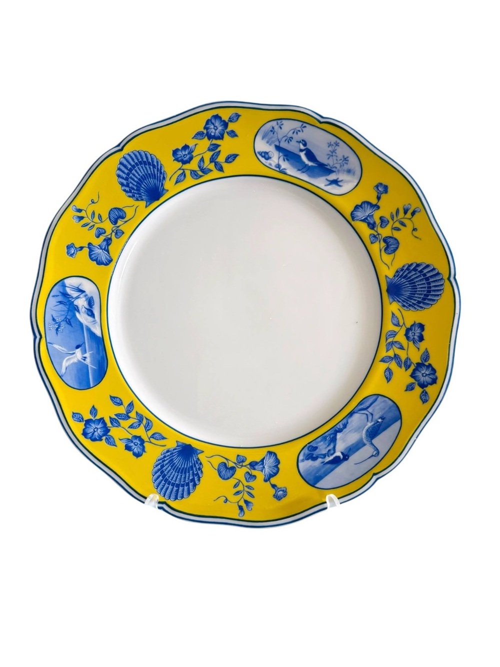 Lynn Chase Designs Costa Azzurra Dinner Plate Yellow Blue Birds Shells 10in